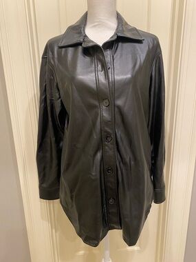 Nicole Miller Black Faux Leather Button-Front Shacket
